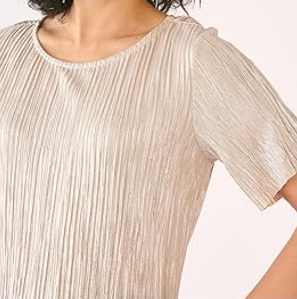 ANN TAYLOR Pleated Top Metallic Champagne Gold Flutter Sleeve Large - Picture 9 of 11